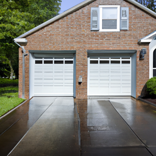 Suburban Short Hills driveway with modern two-car garage door partially open, wet pavement and clear sky.