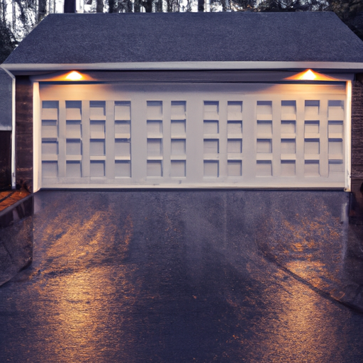 Suburban Short Hills home driveway with a closed sectional garage door, visible tracks and wet pavement reflecting soft evening light.