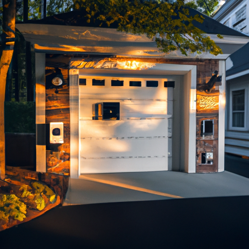 Suburban Short Hills driveway with a modern garage door and visible smart keypad at dusk.