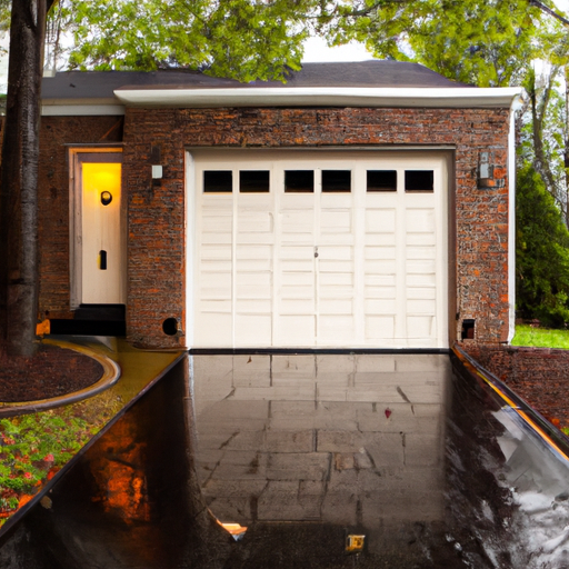 Suburban Short Hills home with a modern garage door partially open on a wet driveway, overcast sky