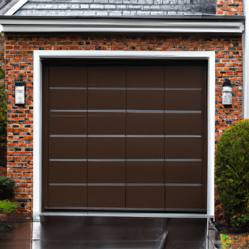 Insulated garage door on a Short Hills, NJ home with wet driveway after rain; door and threshold visible.