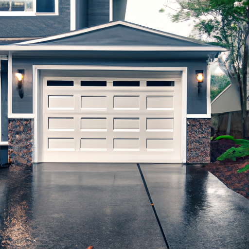 Suburban Short Hills home exterior with closed modern garage door on wet driveway in late afternoon light.