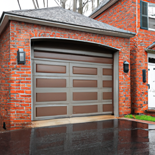 Modern sectional garage door on a brick Short Hills home after light rain with wet driveway and overcast sky.