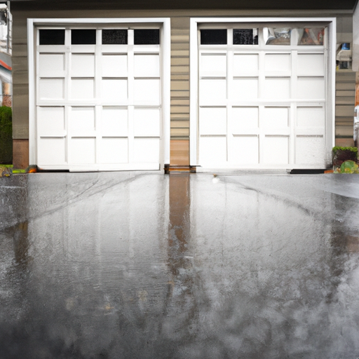 Suburban Short Hills driveway showing a garage door, bottom seal, and threshold after light rain