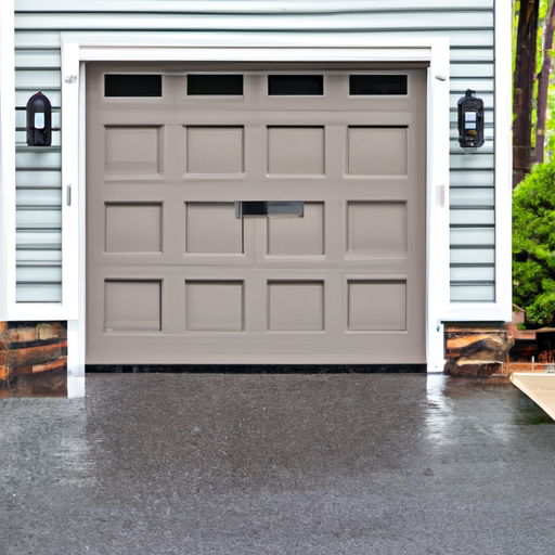 Residential garage door in Short Hills, NJ with visible panels and hardware on a wet driveway, neutral daylight.