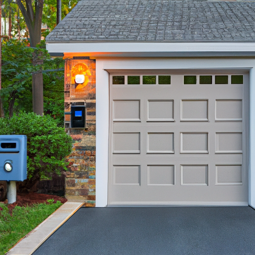 Contemporary garage door on a Short Hills, NJ home with a visible smart keypad and hub, late afternoon light.