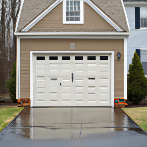 Residential garage door on a Short Hills, NJ home with visible tracks and hardware, wet driveway, overcast sky.