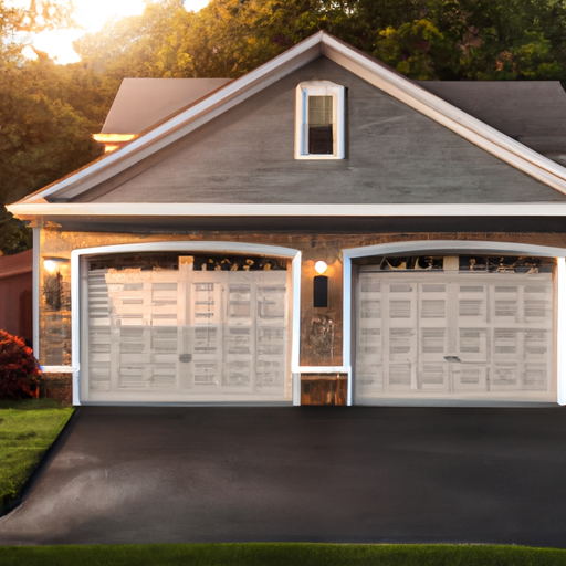 Suburban Short Hills home with a two-car garage showing a steel panel garage door with windows, driveway and landscaping.