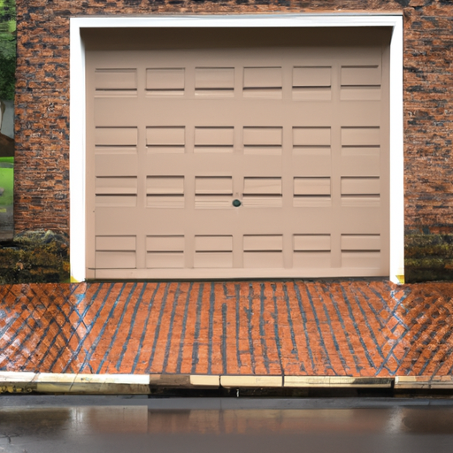 Closed modern paneled garage door on a brick Short Hills driveway after rain, soft morning light, no people.