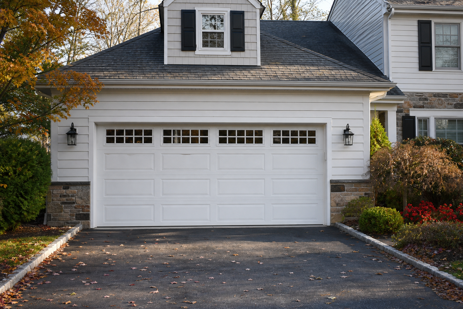 Suburban garage exterior in Short Hills with a full garage door and driveway in view