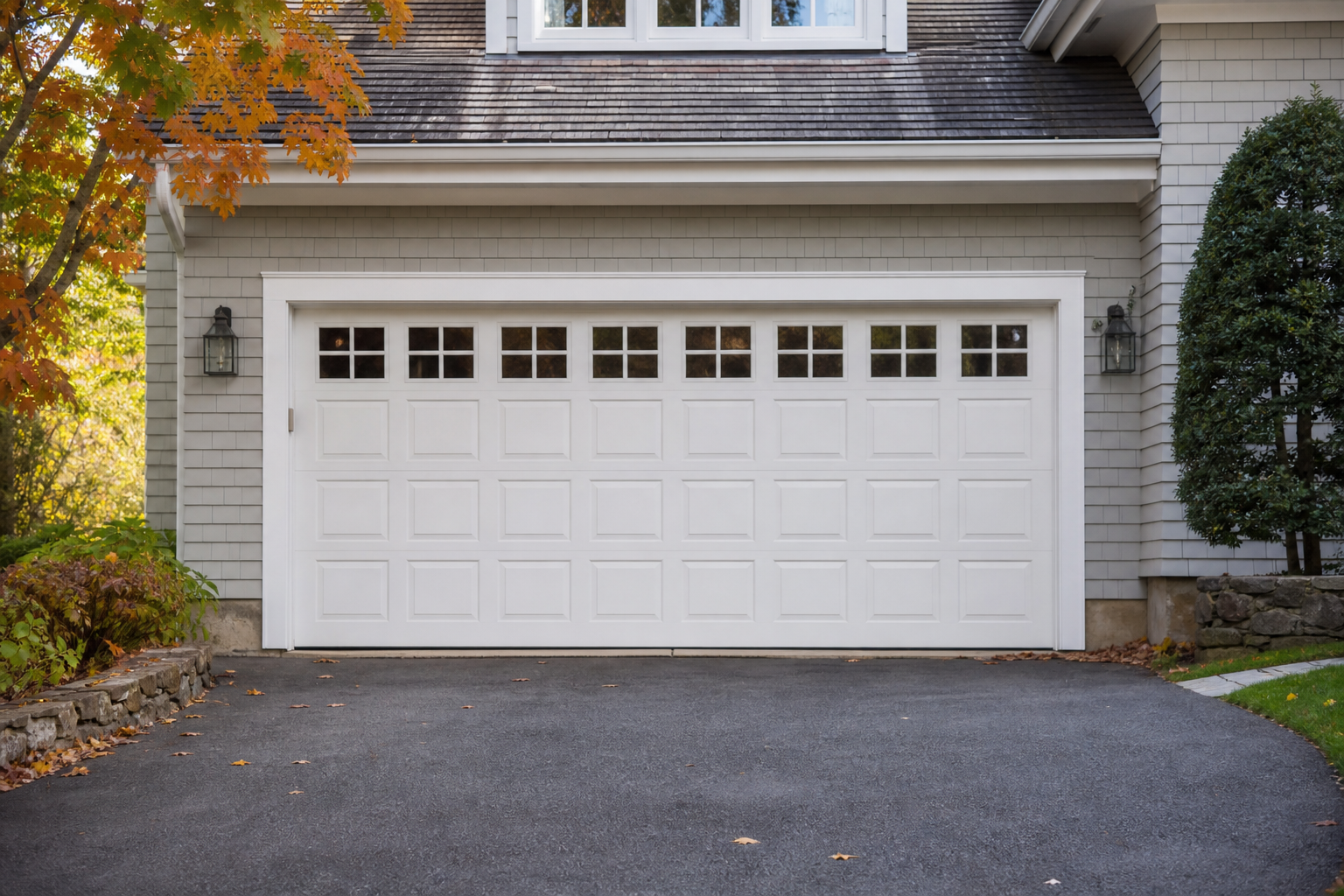 Garage door exterior in Short Hills, NJ with subtle seasonal fall details